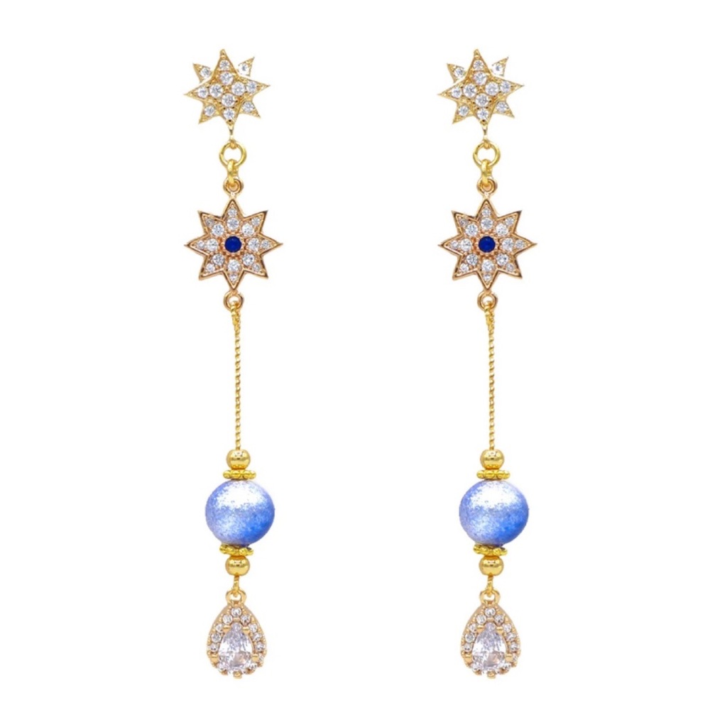La Meno Gold Blue Celestial Star Drop Pin Earrings NWT